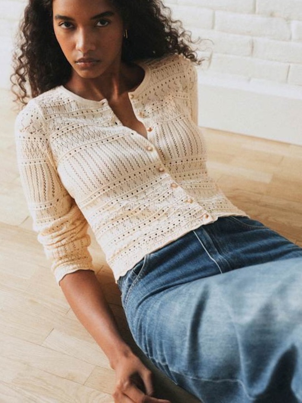 Sezane Dilla Cardigan Cream Knit Button up, S M L